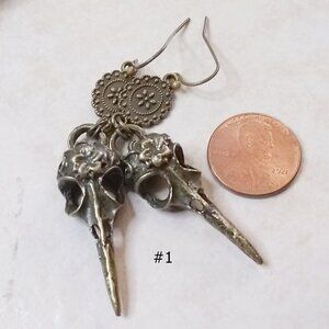 X-Long! Bronze Bird Skull Earrings! Goth Pagan Raven Crows Occult Wicca Witchy